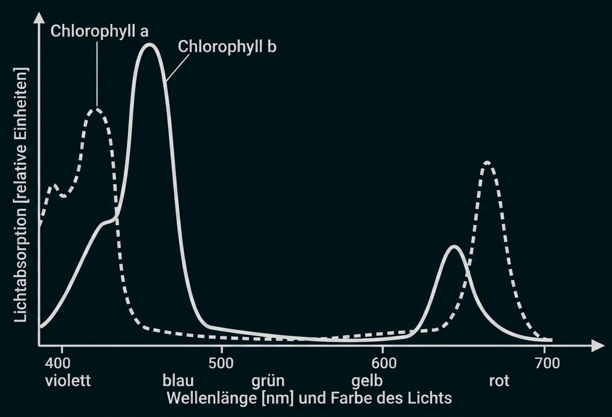 Diagramm zur Lichtabsorption von Chlorophyll a und b nach Wellenlänge